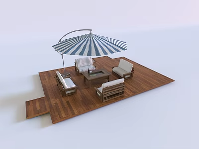 Stylish Outdoor Sofa Set On Wooden Deck With Striped Umbrella And Coffee Table 3d model