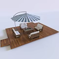Stylish Outdoor Sofa Set On Wooden Deck With Striped Umbrella And Coffee Table