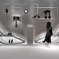 Elegant Display Shelves Featuring Golden Frames Large Rose Pattern Background Lamp Vase Flowers And Handbag