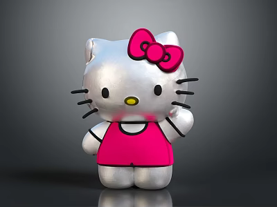 Hello Kitty Silver Figure In Pink Dress With Pink Bow And Waving Hand 3d model