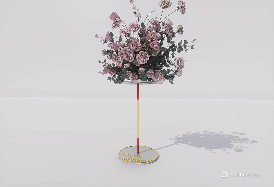Elegant Banquet Hall Decoration With Tall Gold Red Flower Stand And Pink White Bouquets 3d model 