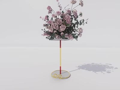 Elegant Banquet Hall Decoration With Tall Gold Red Flower Stand And Pink White Bouquets 3d model