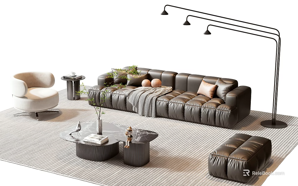 Modern Leather Sofa and Coffee Table Set With Pillows Plants Floor Lamp and Rug 3d model 