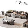 Modern Leather Sofa and Coffee Table Set With Pillows Plants Floor Lamp and Rug