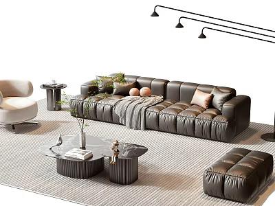 Modern Leather Sofa and Coffee Table Set With Pillows Plants Floor Lamp and Rug 3d model