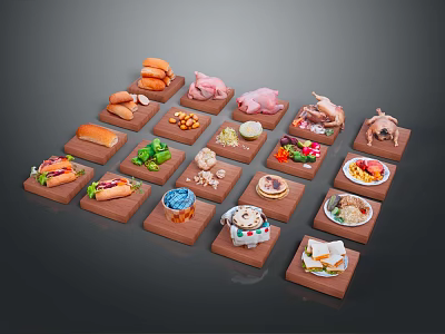 Assorted Food Items on Wooden Trays Including Hamburgers Fried Chicken Salads and Desserts 3d model