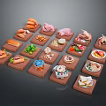 Assorted Food Items on Wooden Trays Including Hamburgers Fried Chicken Salads and Desserts