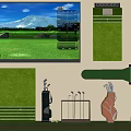 Golf Course Simulator Setup With Green Turf Golf Clubs And Practice Equipment