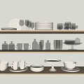 Organized Tableware Set On Wooden Shelves With Assorted Plates Cups Glasses Jars Trays