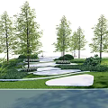 Stepping Stones Path in Natural Garden Landscape With Green Grass Trees and Water