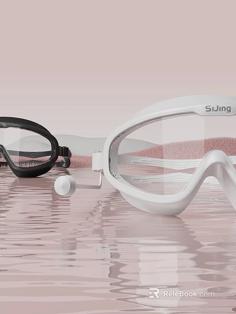 Modern Stylish Swim Goggles In White And Black With Sujing Brand On Smooth Surface 3d model 