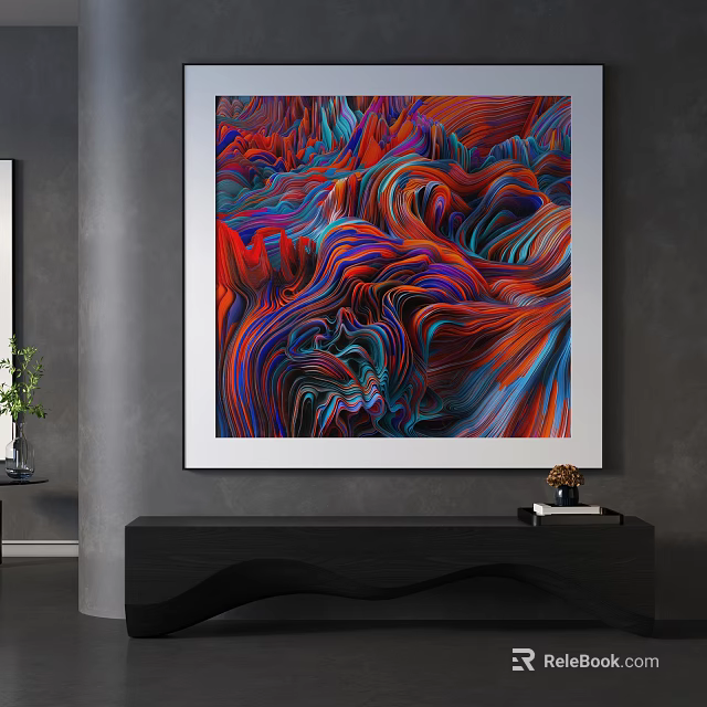 Modern Abstract Painting With Wavy Red Blue Purple Flowing Patterns Hanging On Wall 3d model 