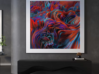 Modern Abstract Painting With Wavy Red Blue Purple Flowing Patterns Hanging On Wall 3d model