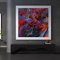 Modern Abstract Painting With Wavy Red Blue Purple Flowing Patterns Hanging On Wall
