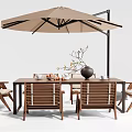 Stylish Wooden Outdoor Table With Beige Patio Umbrella Wooden Chairs And Decorative Vase With Branches