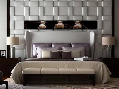 Luxurious Background Double Bed With Tufted Headboard Wall Pillows And Nightstand Lamps 3d model