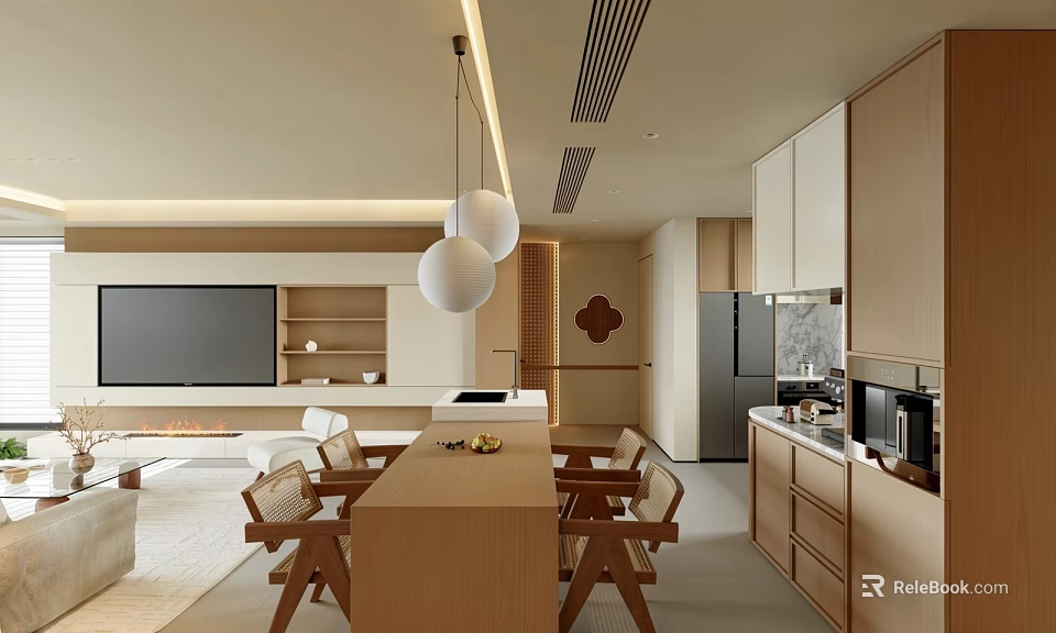 Modern Open Living Dining Room Interior With Wooden Table Chairs Pendant Lights TV And Cabinets 3d model 