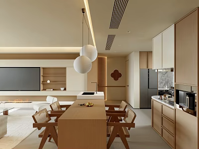Modern Open Living Dining Room Interior With Wooden Table Chairs Pendant Lights TV And Cabinets 3d model