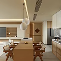 Modern Open Living Dining Room Interior With Wooden Table Chairs Pendant Lights TV And Cabinets