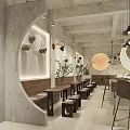 Modern Industrial Café Interior With Wooden Counter Green Plants And Pendant Lights