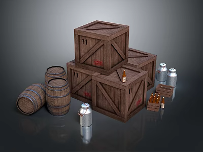Household Supplies Display With Stacked Wooden Crates Barrels Metal Cans And Small Bottles 3d model