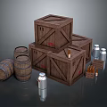 Household Supplies Display With Stacked Wooden Crates Barrels Metal Cans And Small Bottles