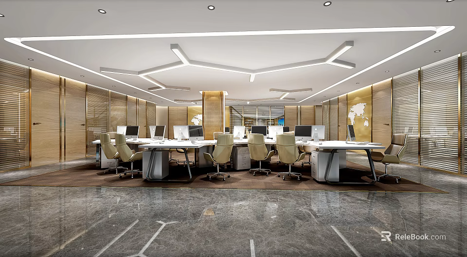 Modern Public Office Space With Desks Computers Ergonomic Chairs And Open Layout 3d model