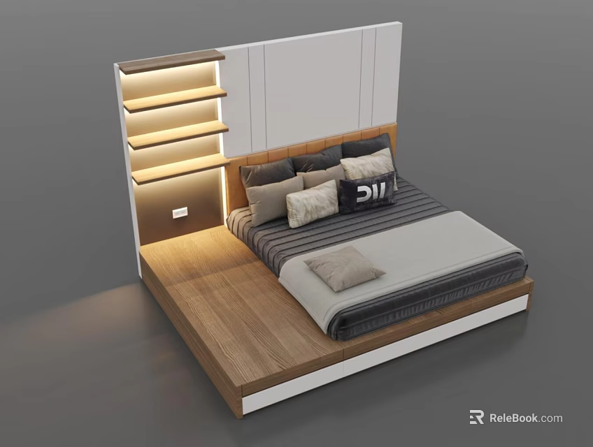Modern Platform Bed Design With Built-in Shelves LED Lights Wooden Frame Mattress and Decorative Pillows 3d model 