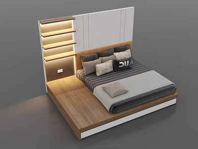 Modern Platform Bed Design With Built-in Shelves LED Lights Wooden Frame Mattress and Decorative Pillows 3d model