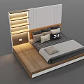 Modern Platform Bed Design With Built-in Shelves LED Lights Wooden Frame Mattress and Decorative Pillows