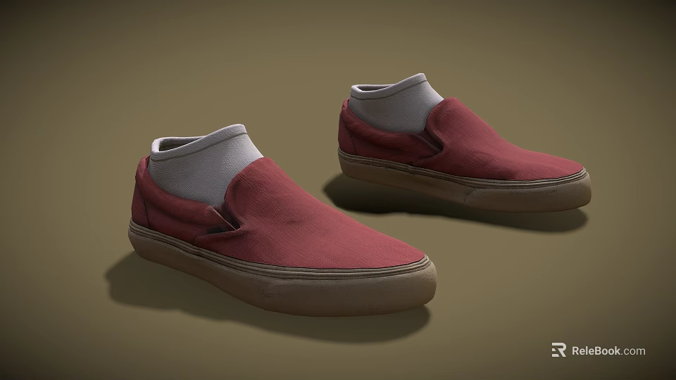Red Casual Canvas Slip On Shoes With White Lining And Brown Sole 3d model 