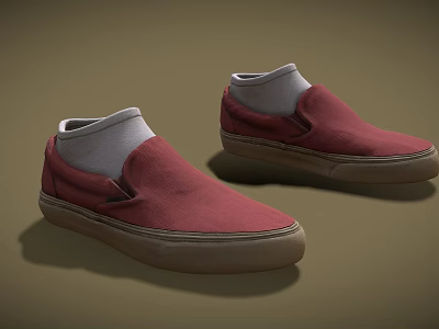 Red Casual Canvas Slip On Shoes With White Lining And Brown Sole 3d model