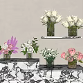 Transparent Glass Vases Holding Various Colored Flowers On Marble Shelves And Pedestals