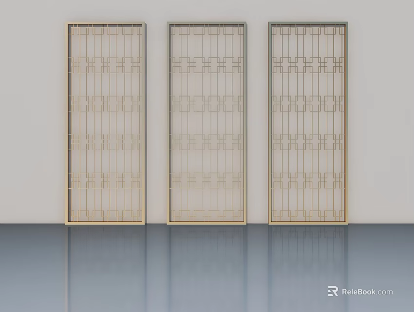 Three Modern Hinged Doors with Golden Frame and Geometric Patterns 3d model