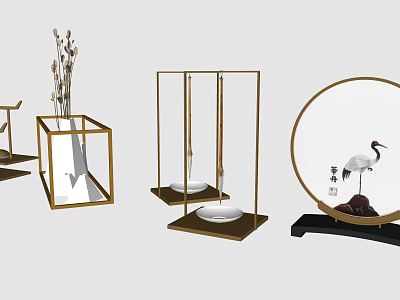 Elegant Decorative Ornament Set With Golden Frames Vase Reeds And Crane Design 3d model