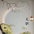 Artistic Window Display with Moss Covered Rocks Hanging Branches Lantern Red Pavilion and Chinese Characters