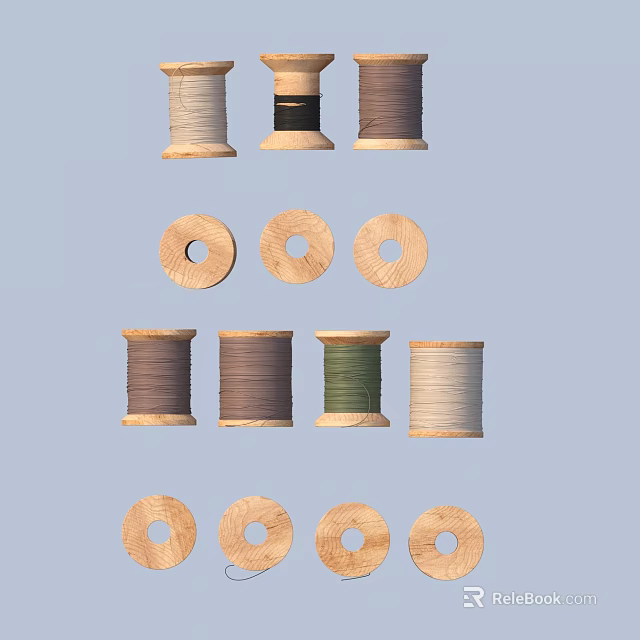 Colorful Wooden Thread Spools With Various Colored Threads For Sewing And Crafts 3d model