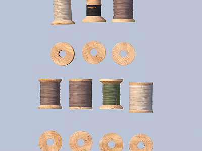 Colorful Wooden Thread Spools With Various Colored Threads For Sewing And Crafts 3d model
