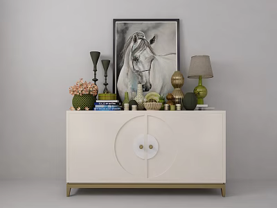 Elegant Modern White Console Cabinet with Vase Flowers Books Table Lamp Sculptures and Horse Painting 3d model