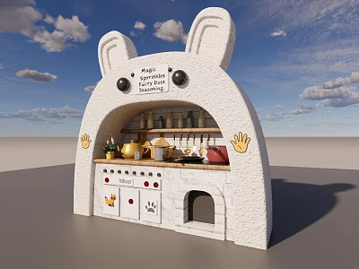 Cute Rabbit Ears Themed Children's Play Area With Kitchen Toys And Handprint Decorations 3d model