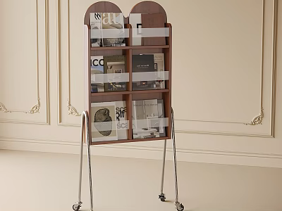 Wooden Storage Shelf with Silver Metal Legs and Wheels Holding Books on Decorative Wall Background 3d model