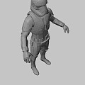Man wearing rusted metallic armor with helmet and orange glowing eyes