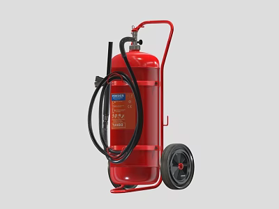 Red Wheeled Fire Extinguisher With Black Hose And Stable Wheels 3d model