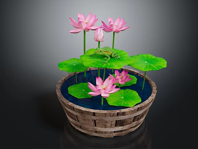 Frog Sitting On Green Lotus Leaf With Pink Flowers In Wooden Bucket 3d model