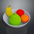 White Bowl With Colorful Fruits Including Yellow Pear Red Apple Green Pear And Orange