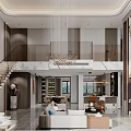 Duplex Living Room Interior With Modern Sofa Coffee Table Marble Staircase Floor-to-Ceiling Windows And Chandelier