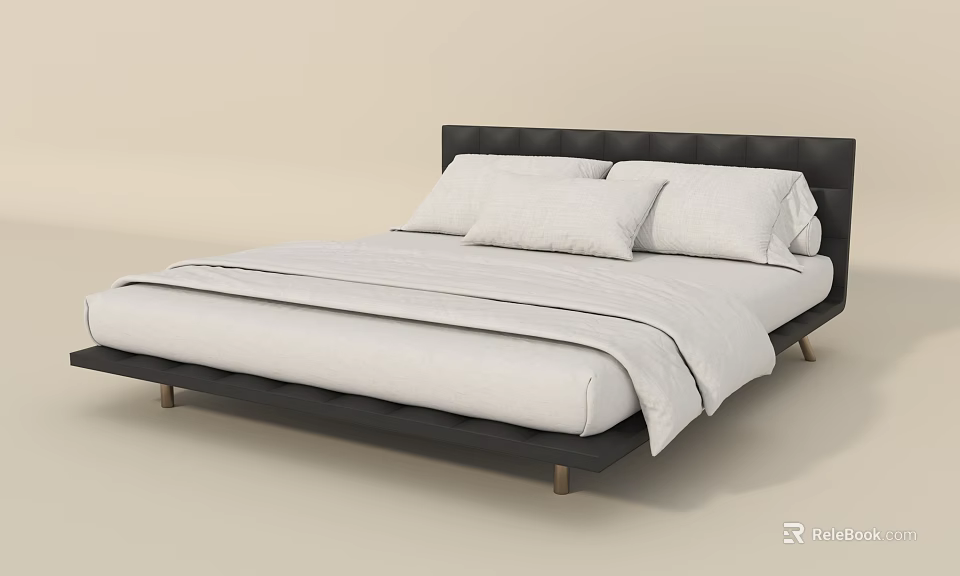 Modern Double Bed With Black Leather Headboard White Bedding And Wooden Legs 3d model 
