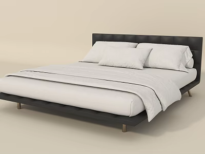 Modern Double Bed With Black Leather Headboard White Bedding And Wooden Legs 3d model