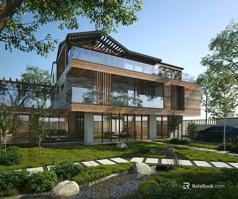 Modern Single Family Villa With Glass Curtain Walls Wooden Accents Unique Roof And Courtyard Greenery 3d model 