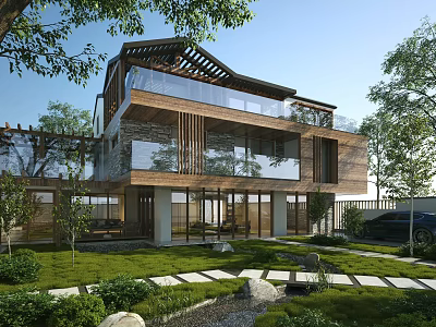 Modern Single Family Villa With Glass Curtain Walls Wooden Accents Unique Roof And Courtyard Greenery 3d model